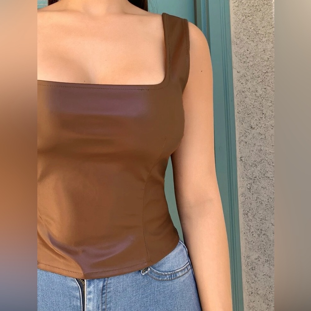 SXY Square Neck Zipper Back PU Tank Top